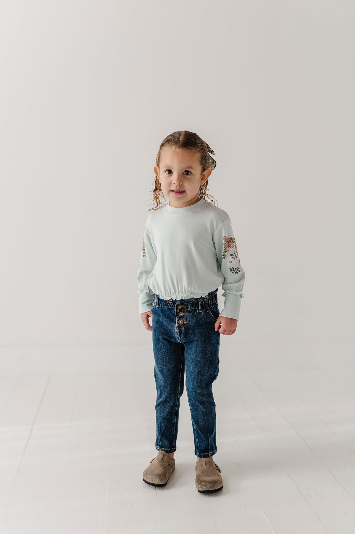 Girls Paperbag Denim Pants In Dark Blue Wash
