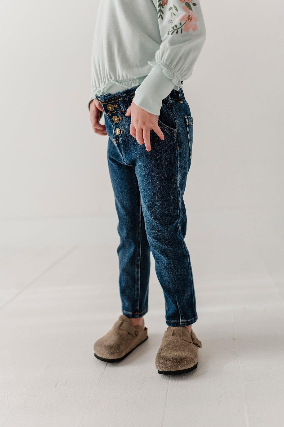 Girls Paperbag Denim Pants In Dark Blue Wash