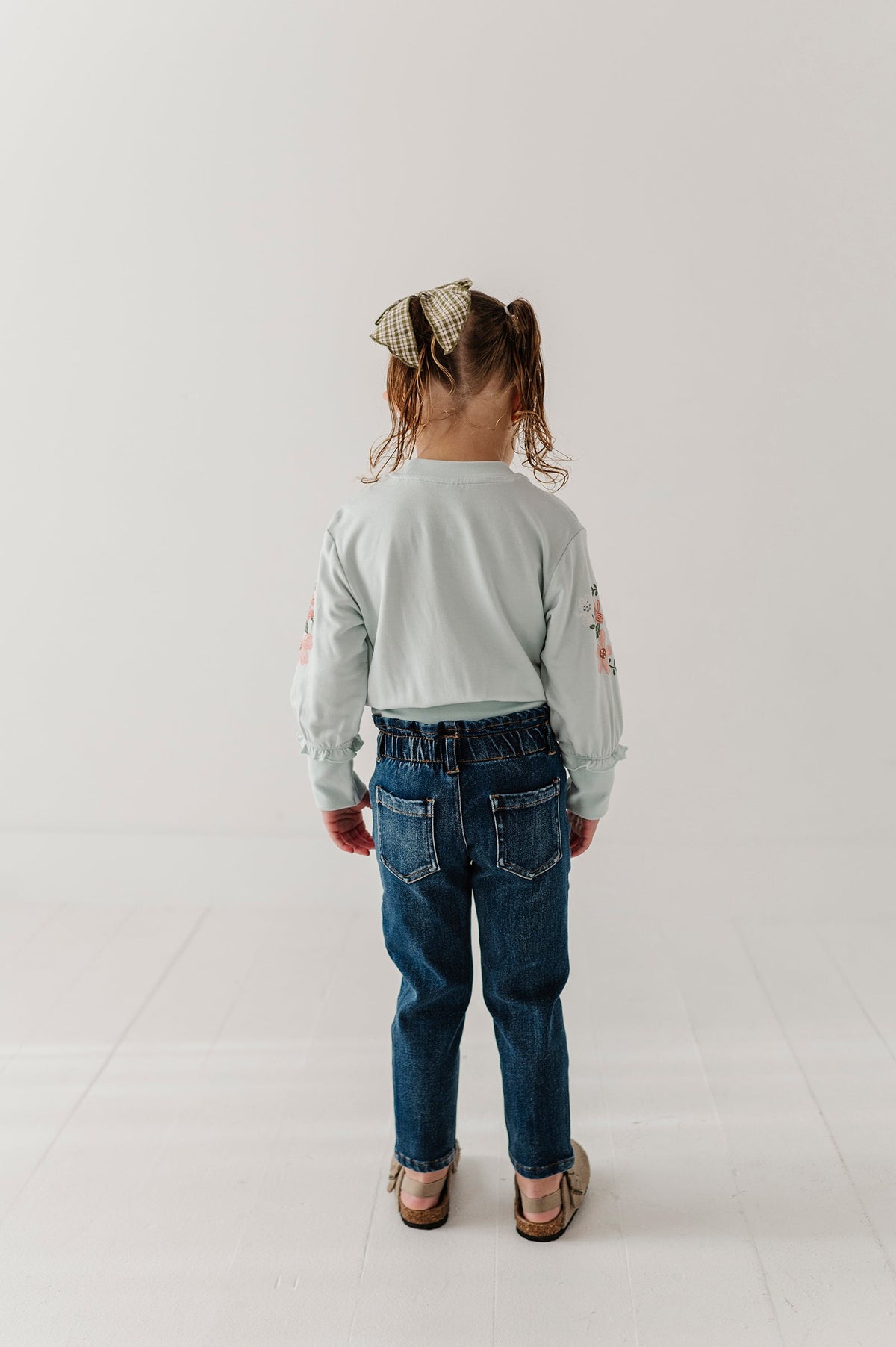 Girls Paperbag Denim Pants In Dark Blue Wash