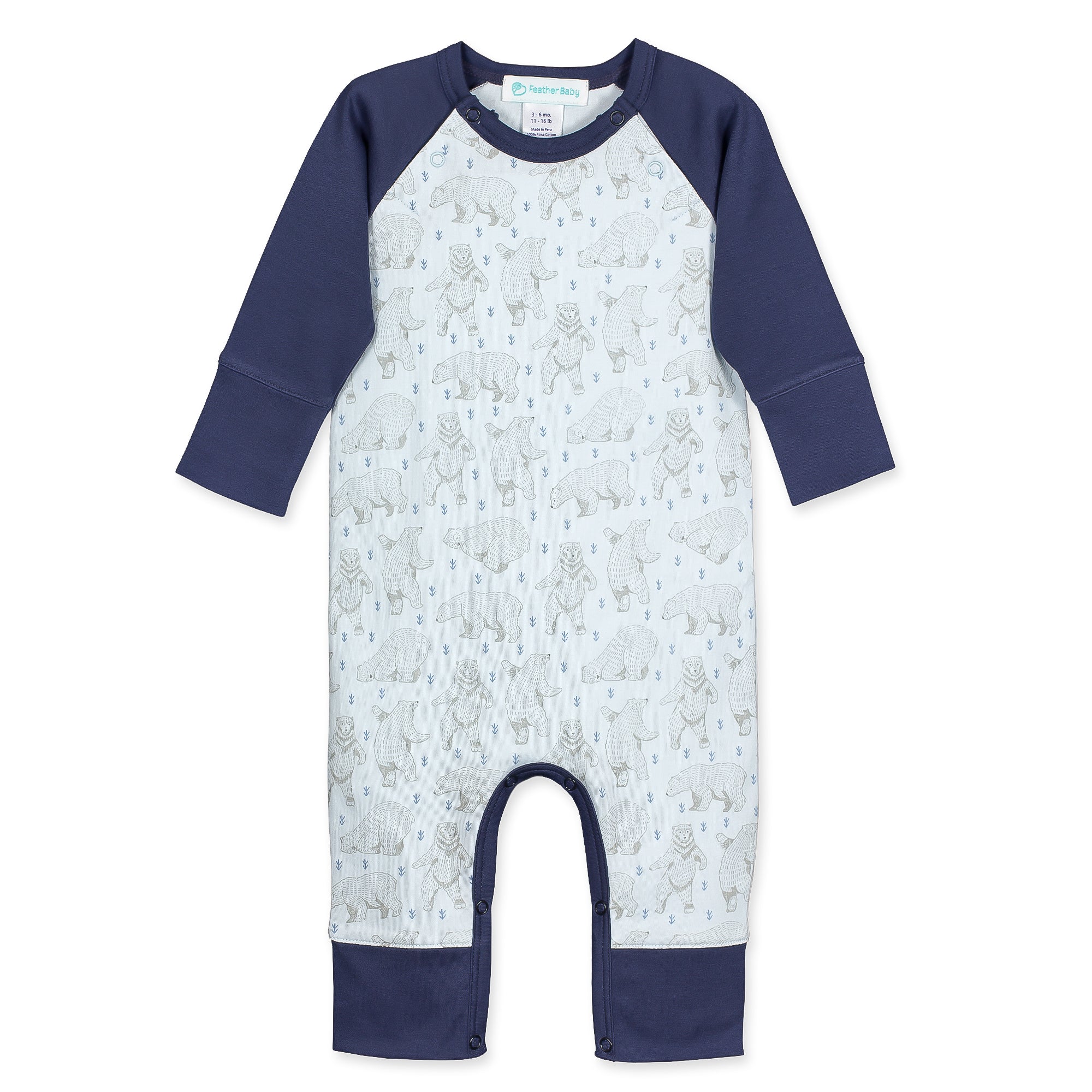 Sailor-sleeve Long Romper - Dancing Bears On Baby Blue  100% Pima Cotton