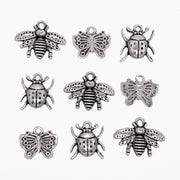 Antique Silver Bee, Butterfly And Lady Bug Charms 9pc Set