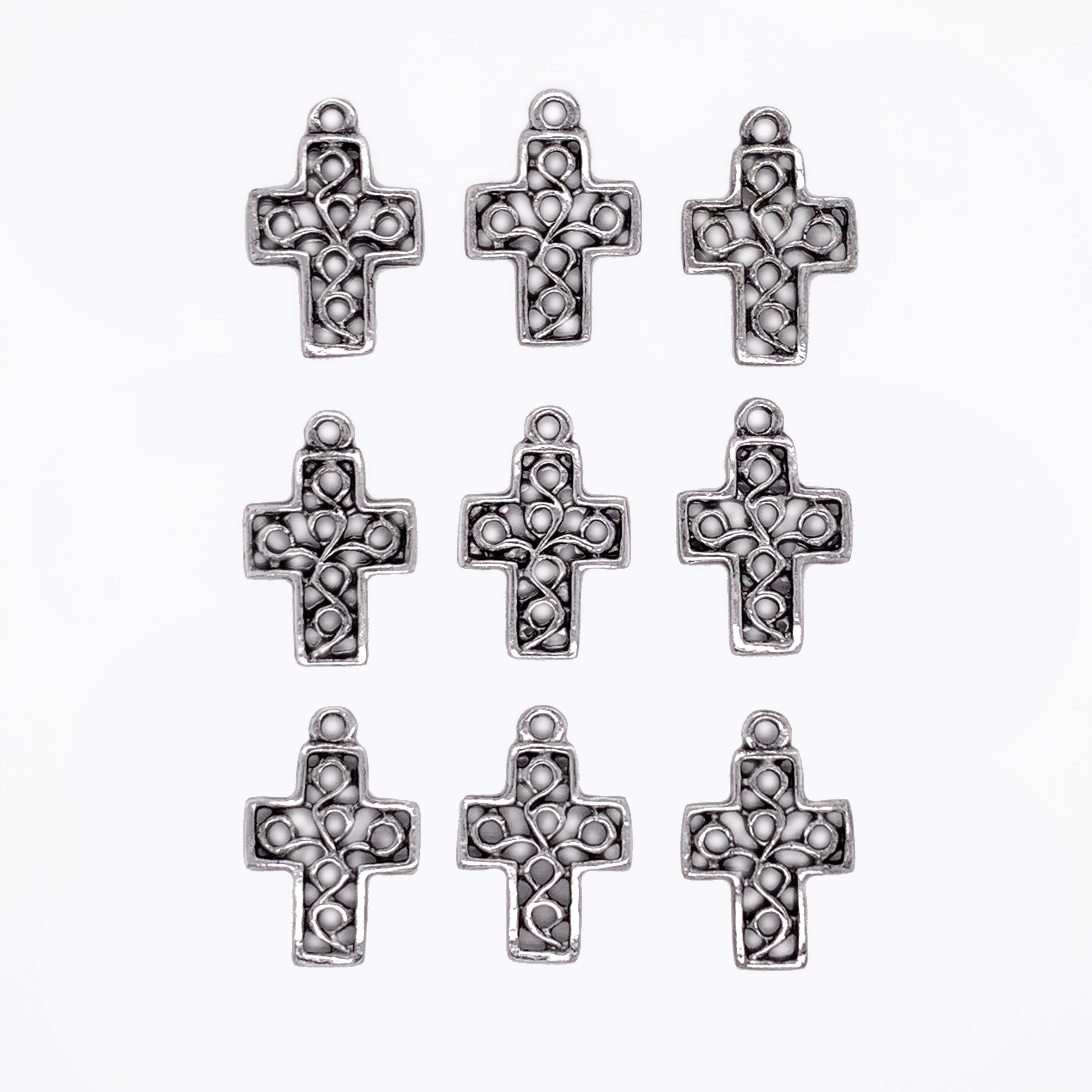 Antique Silver Delicately Detailed Cross Charms 9pc Set