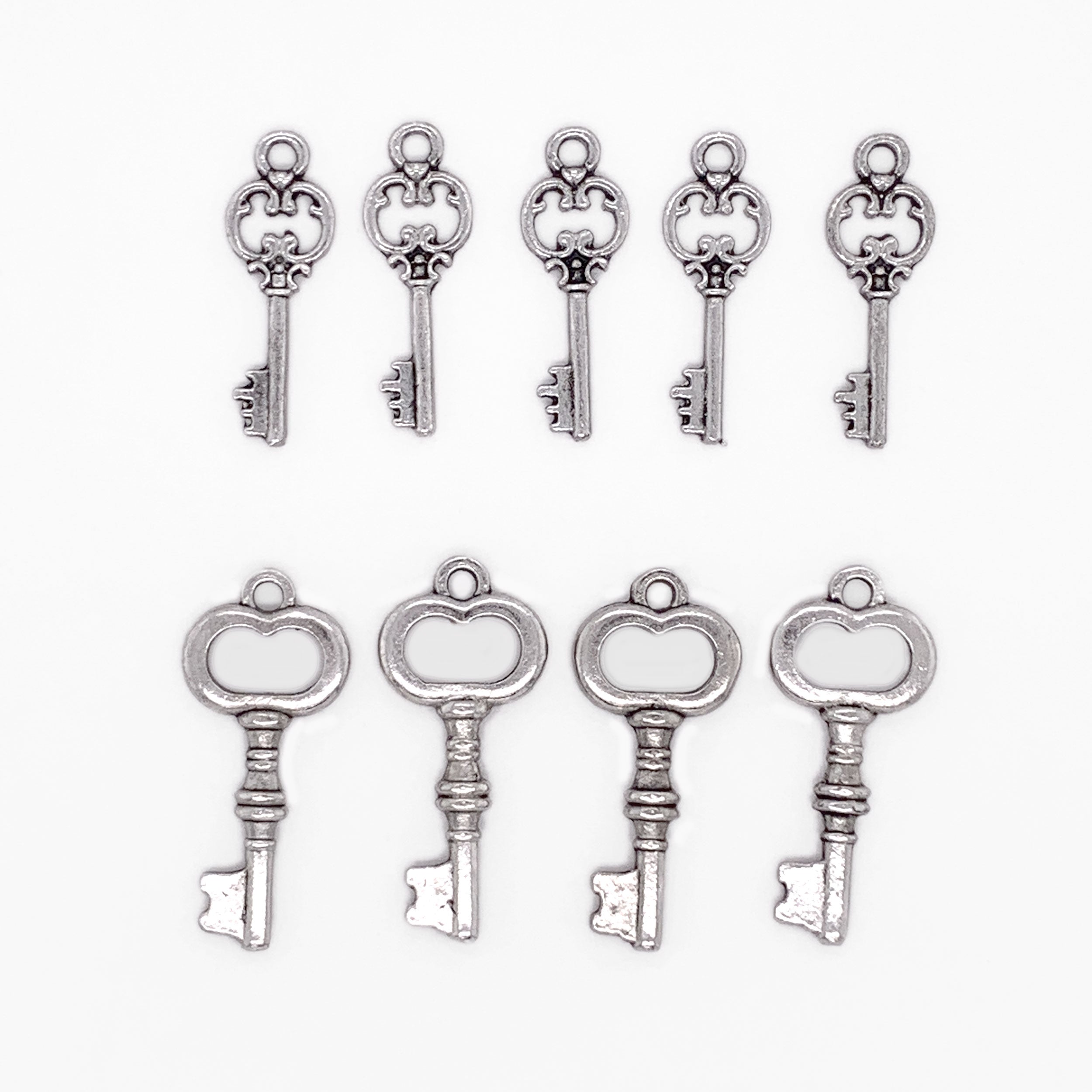 Antique Silver Vintage Miniature Skeleton Keys 9pc Charm Set