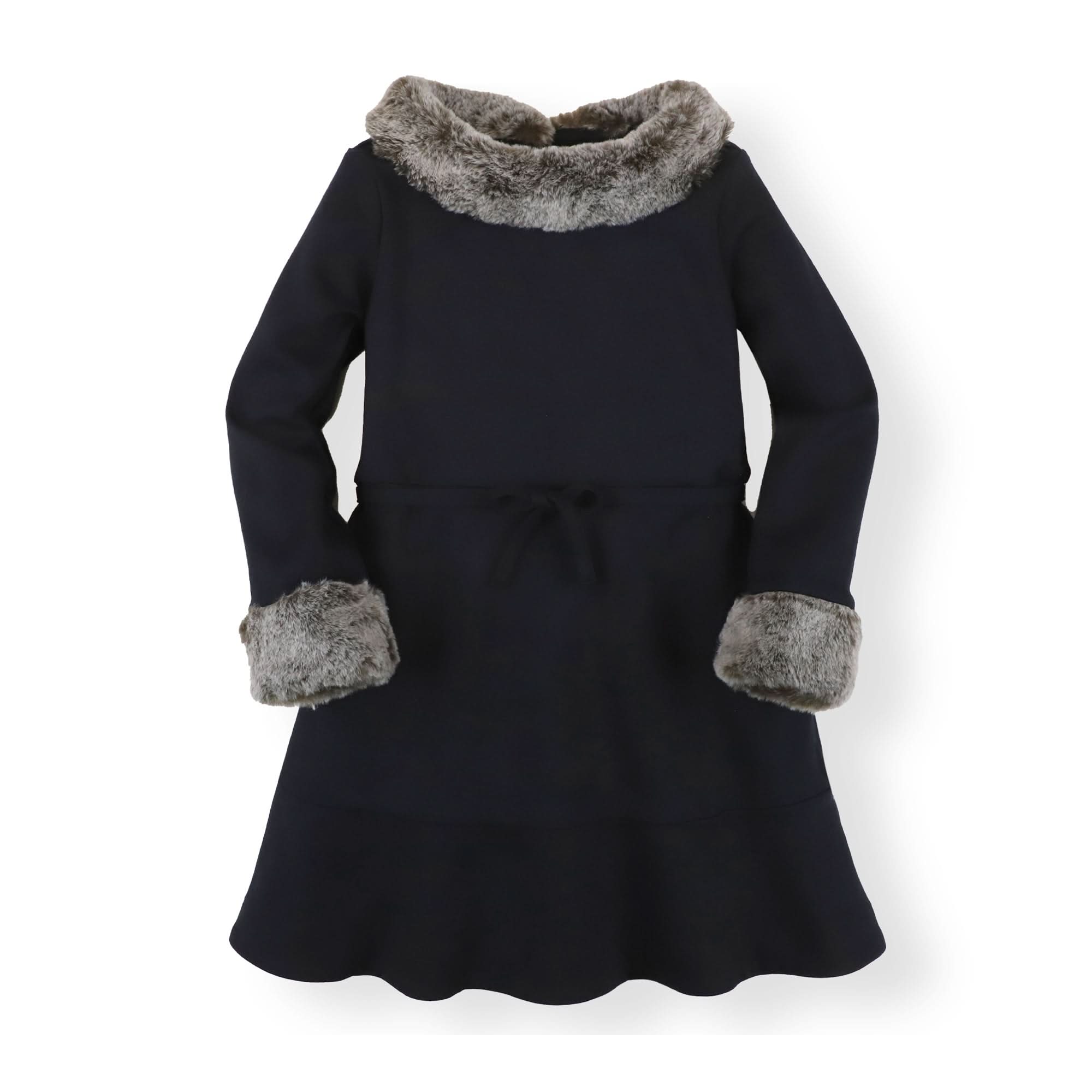 Long Sleeve Ponte Dress With Faux Fur