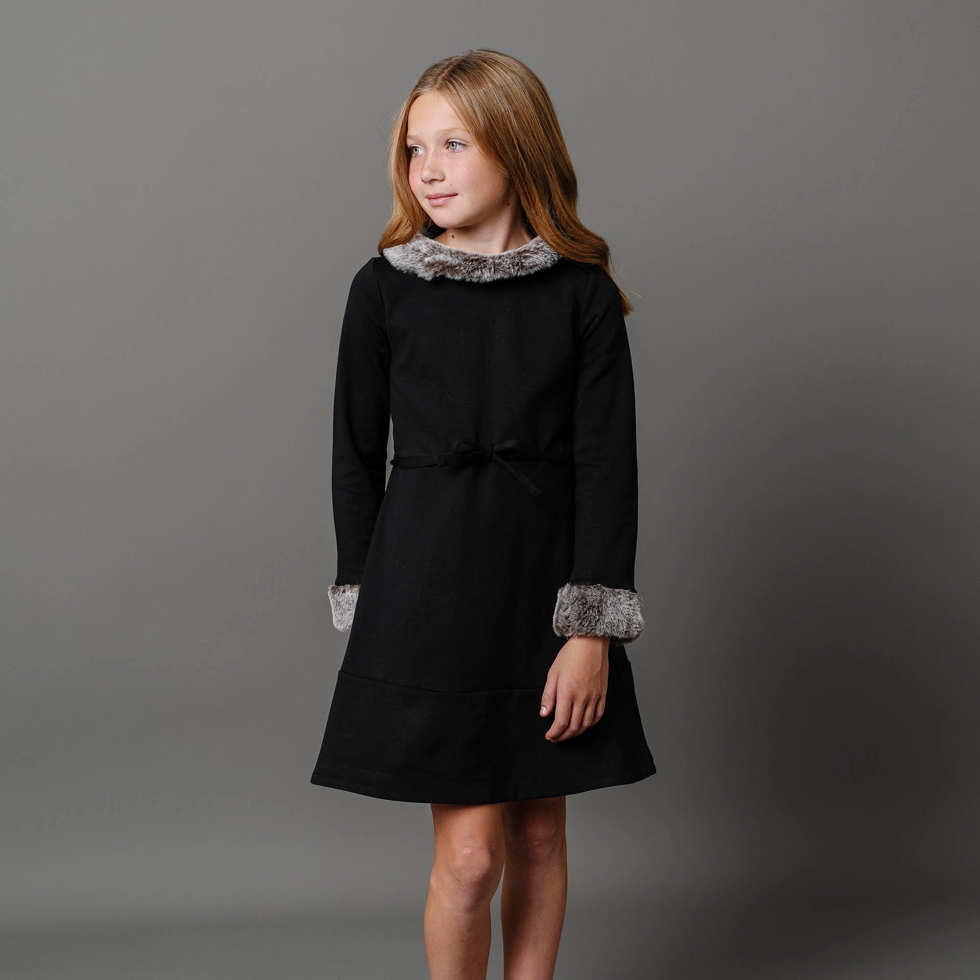 Long Sleeve Ponte Dress With Faux Fur