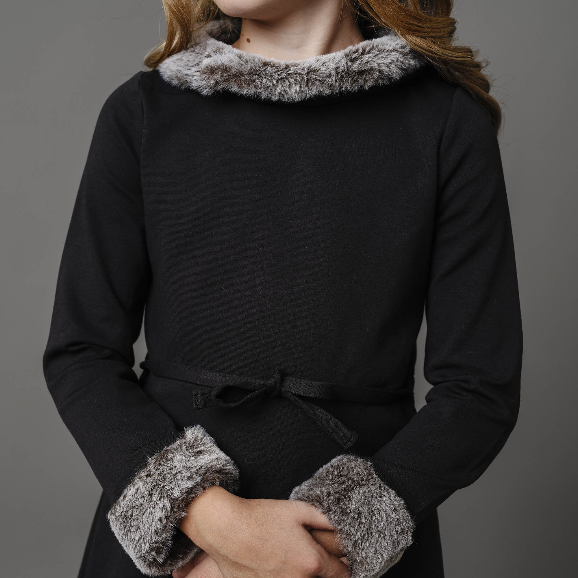 Long Sleeve Ponte Dress With Faux Fur