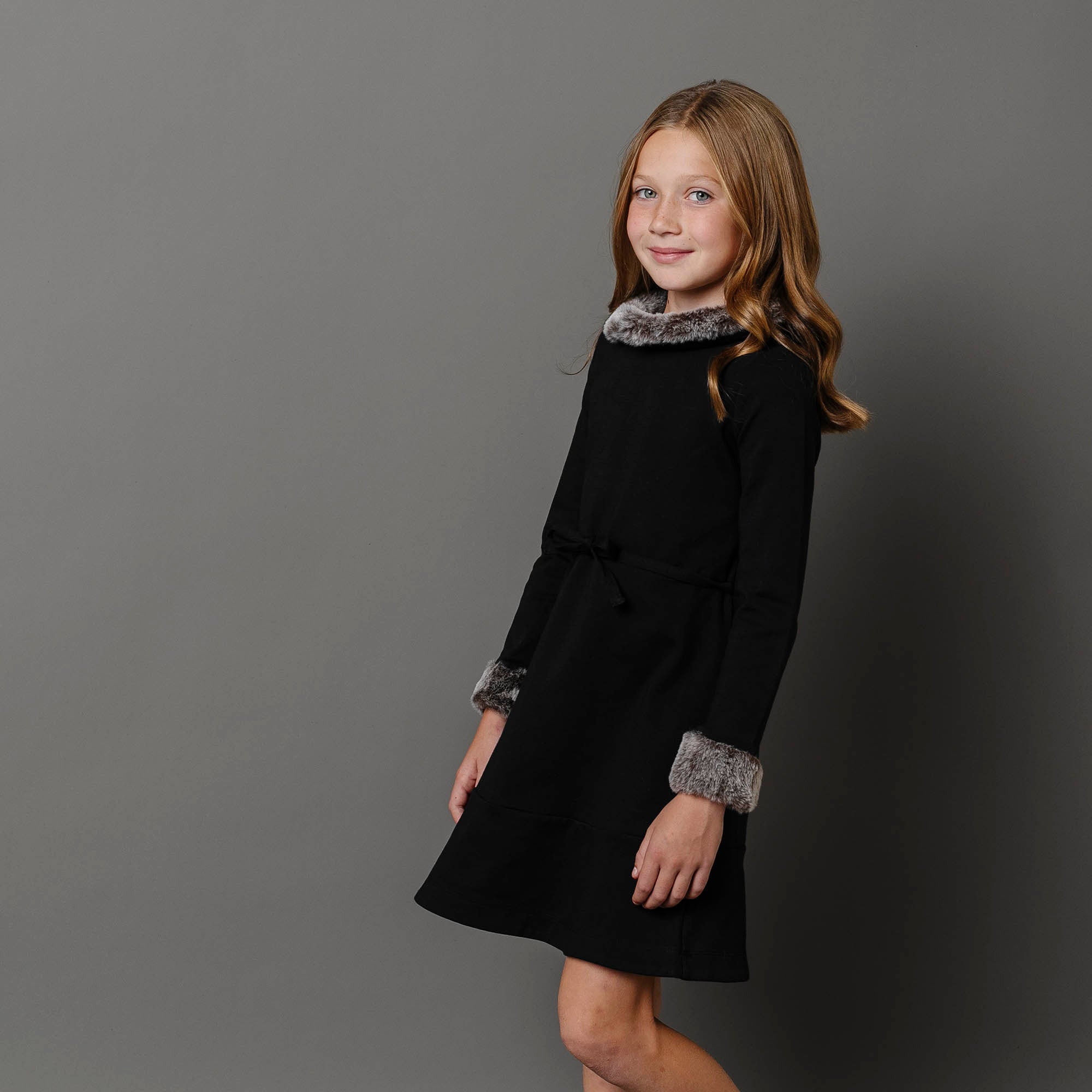 Long Sleeve Ponte Dress With Faux Fur