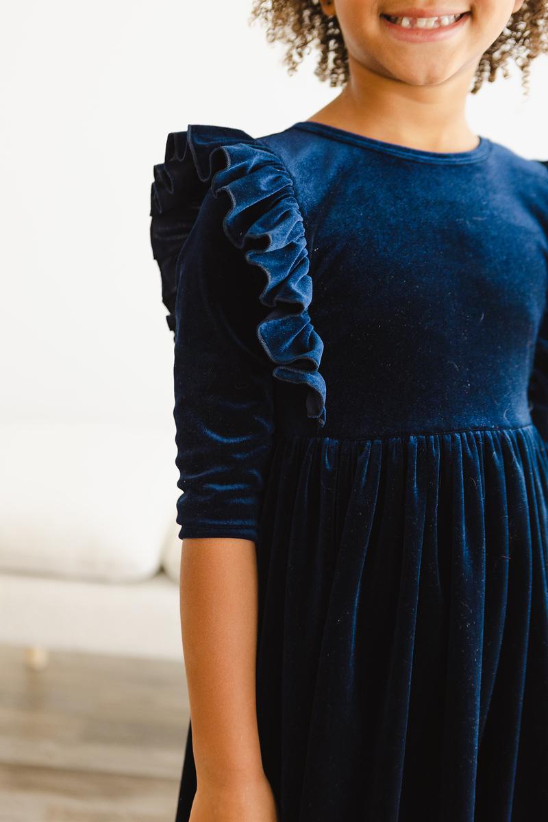 Navy Velvet Ruffle Twirl Dress