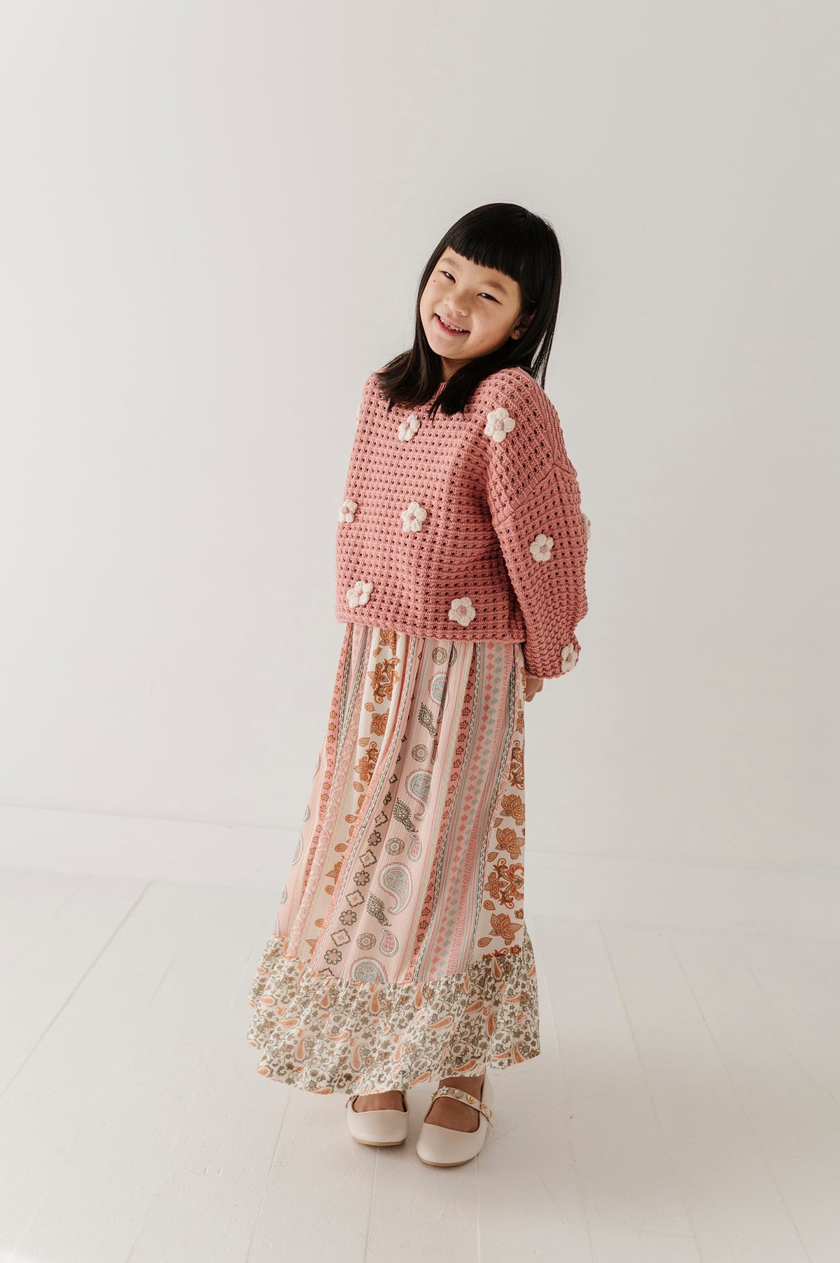 Girls Ruffle Bottom Maxi Skirt In Willow Paisley