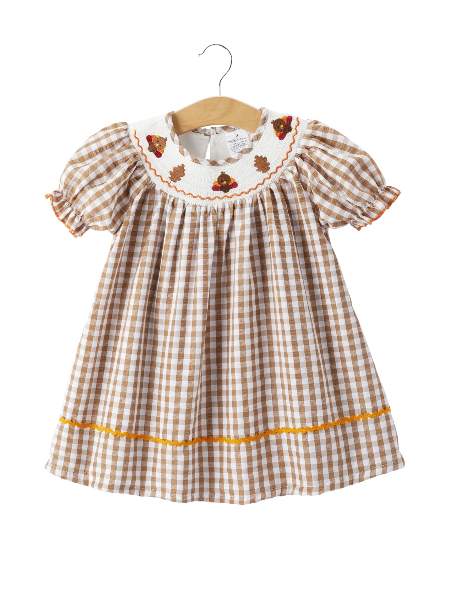Girls Thanksgiving Turkey Smocking Embroidered Brown Plaid Dress