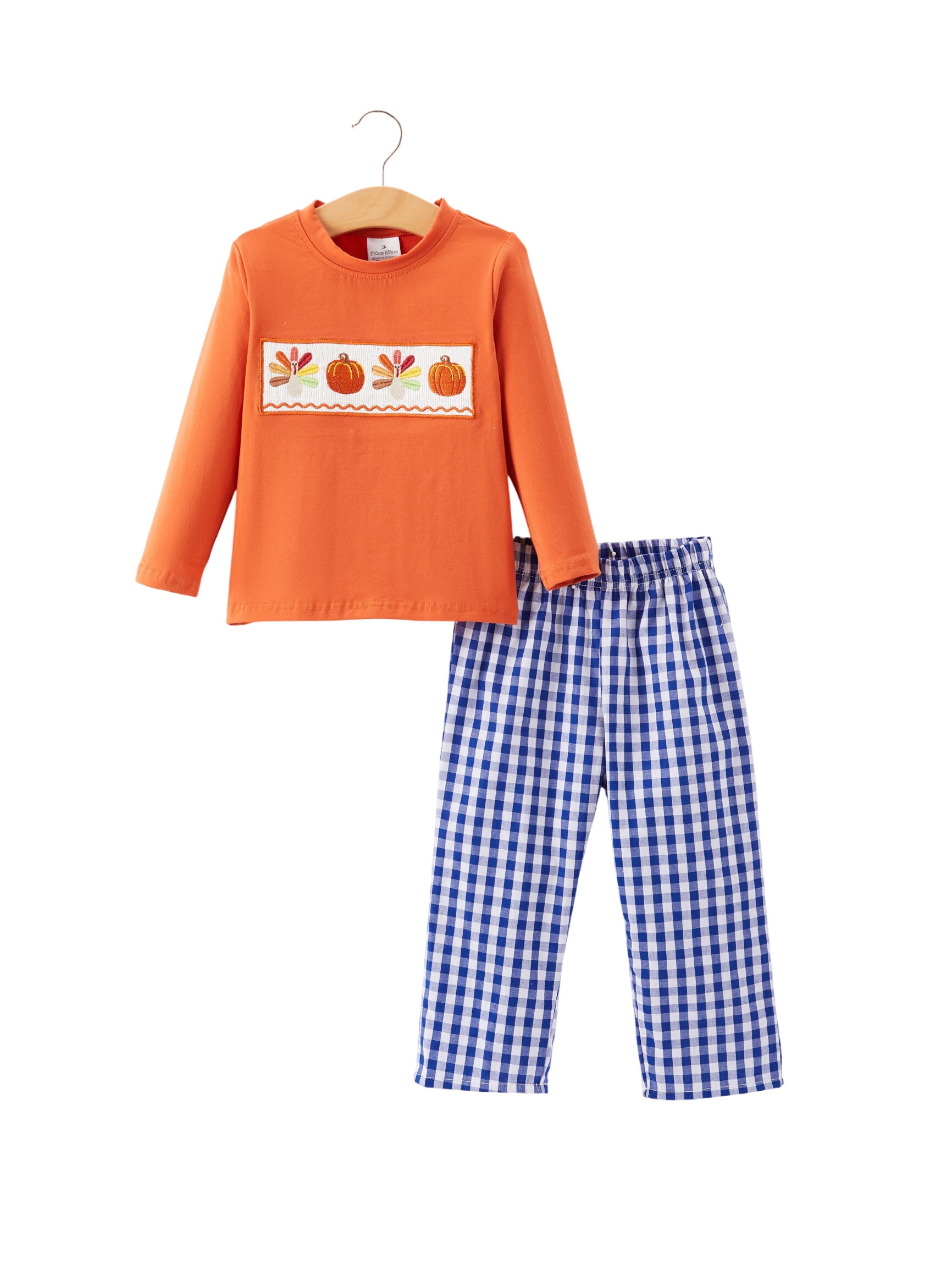 Boys Thanksgiving Smocking Embroidered Plaid Outfit Set