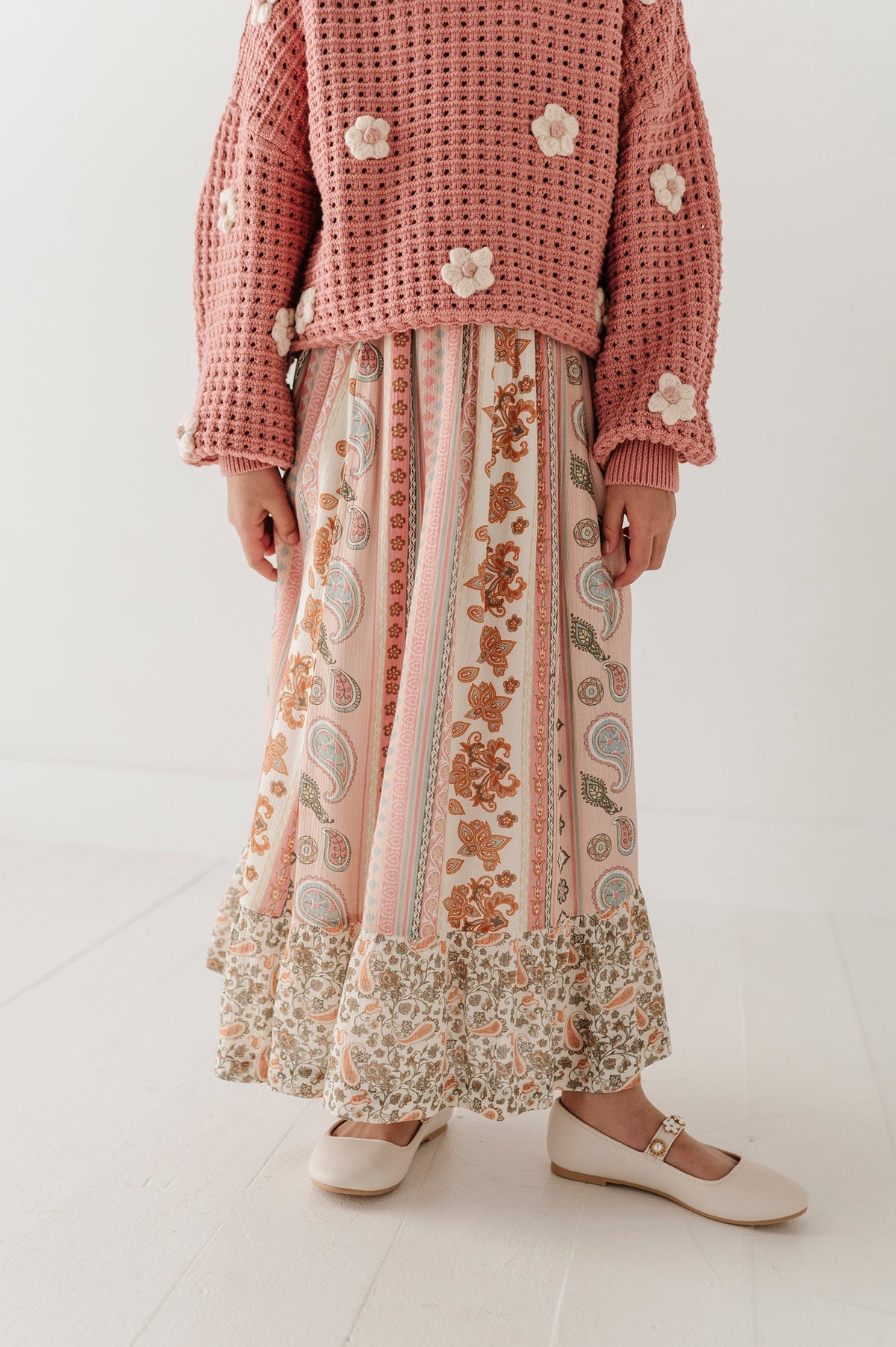 Girls Ruffle Bottom Maxi Skirt In Willow Paisley