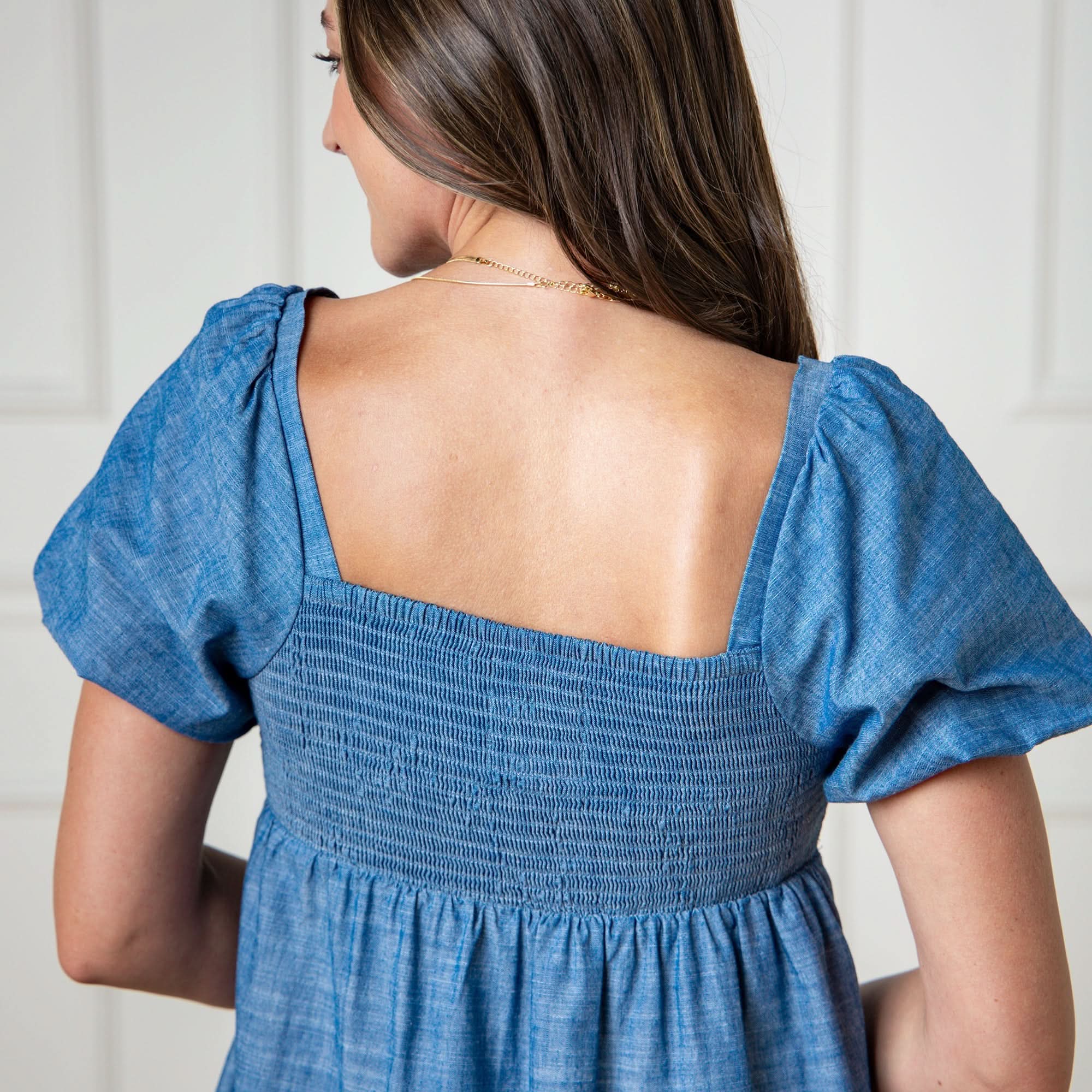 Organic Ruched Chambray Dress