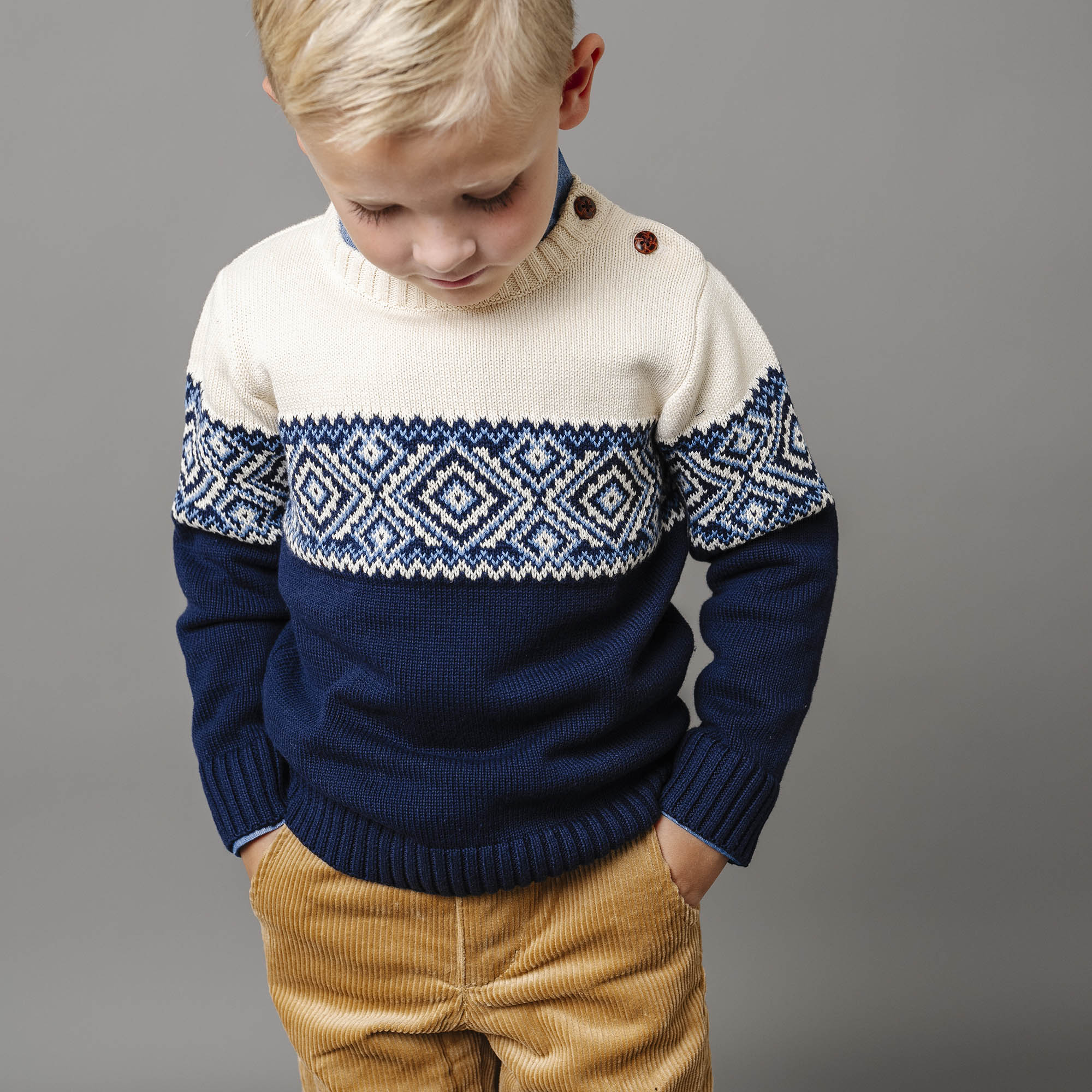 Organic Intarsia Crew Neck Button Sweater