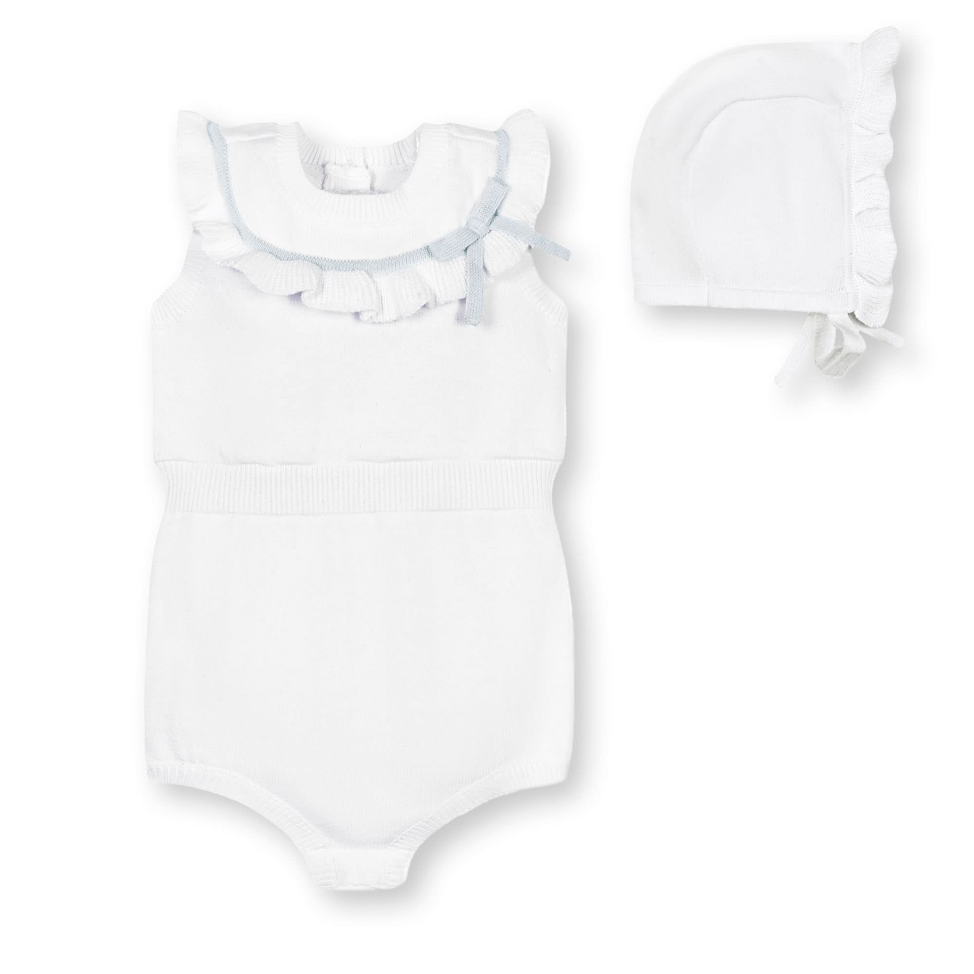 Organic Ruffle Sweater Romper And Bonnet Set