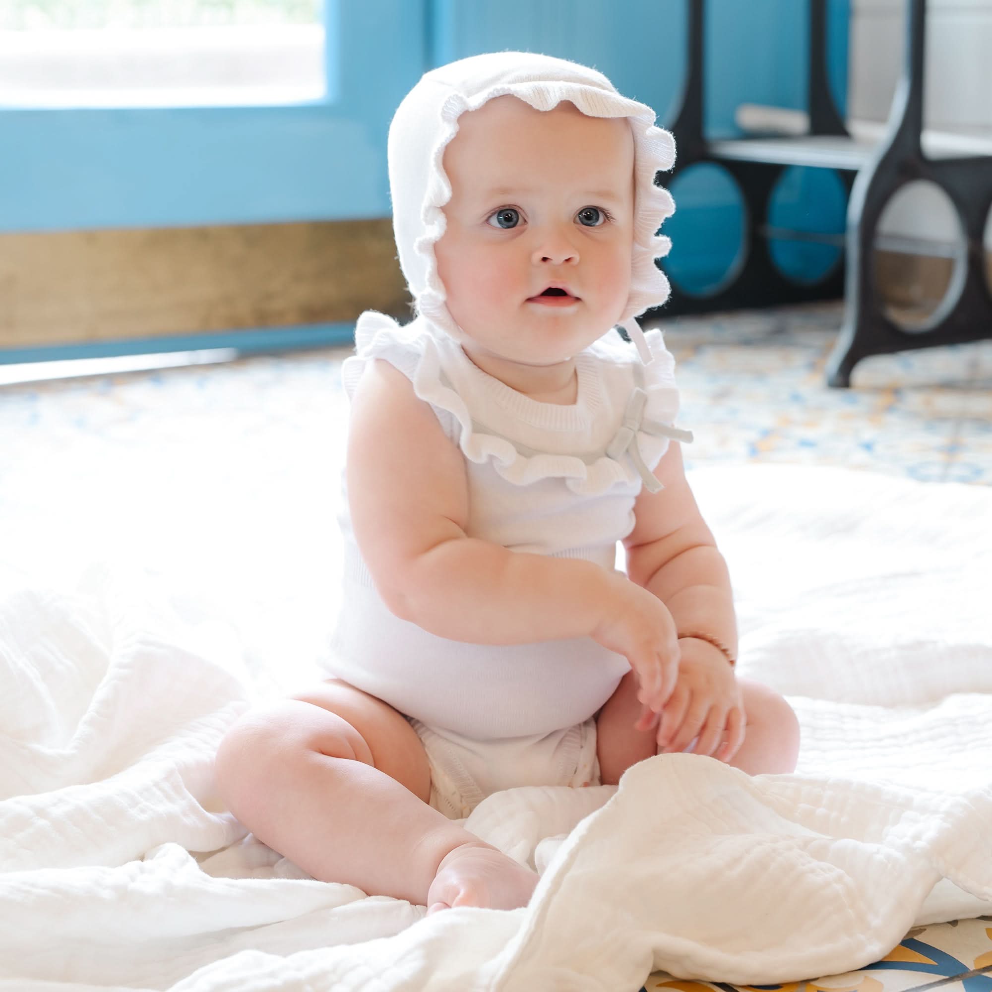 Organic Ruffle Sweater Romper And Bonnet Set