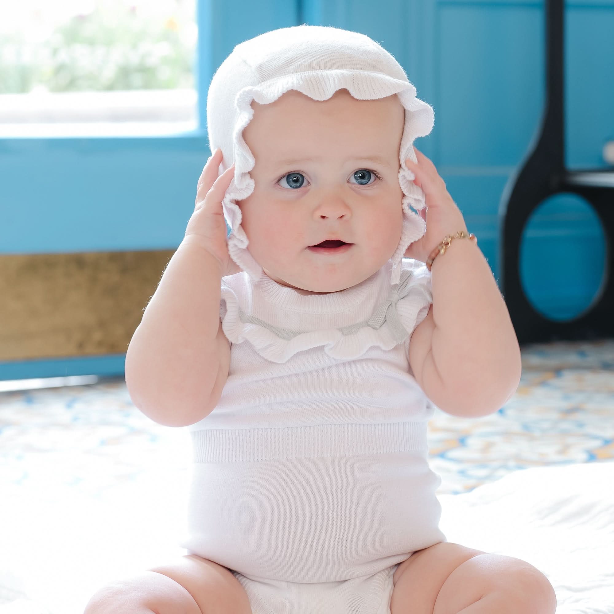 Organic Ruffle Sweater Romper And Bonnet Set