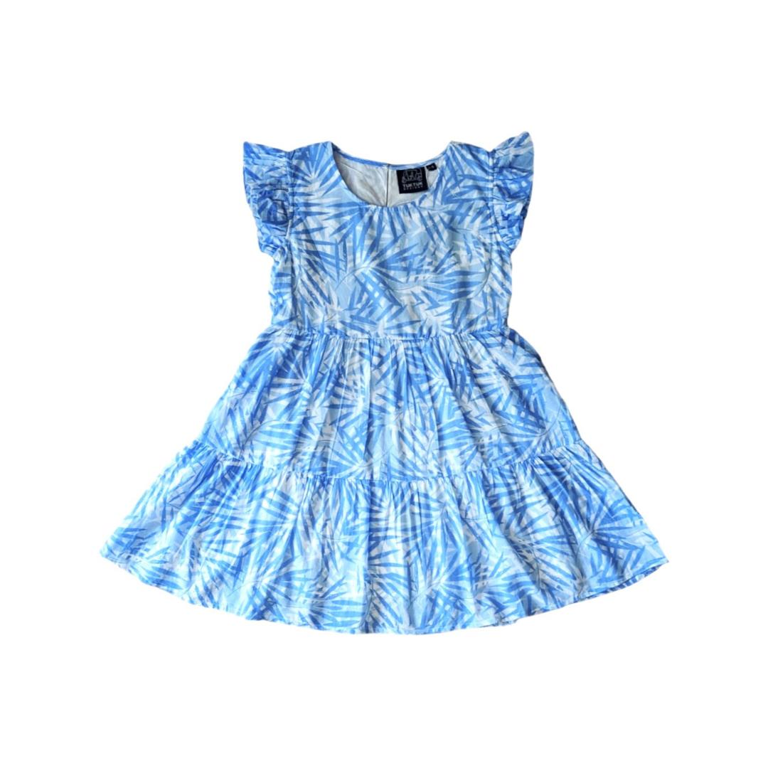 Tropical Palms Blue Summer Tier Dress