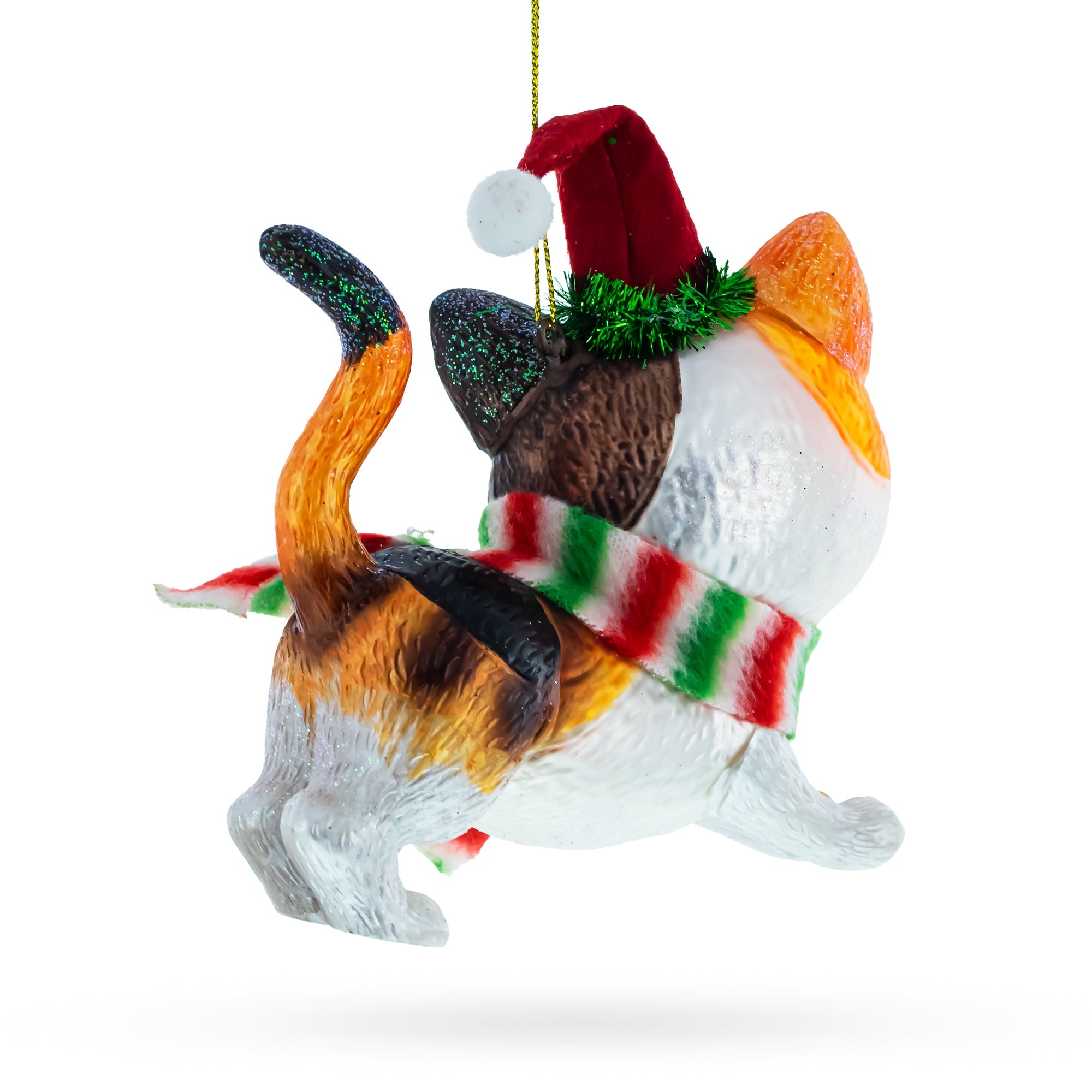 Cozy Cat In Santa Hat And Scarf - Blown Glass Christmas Ornament