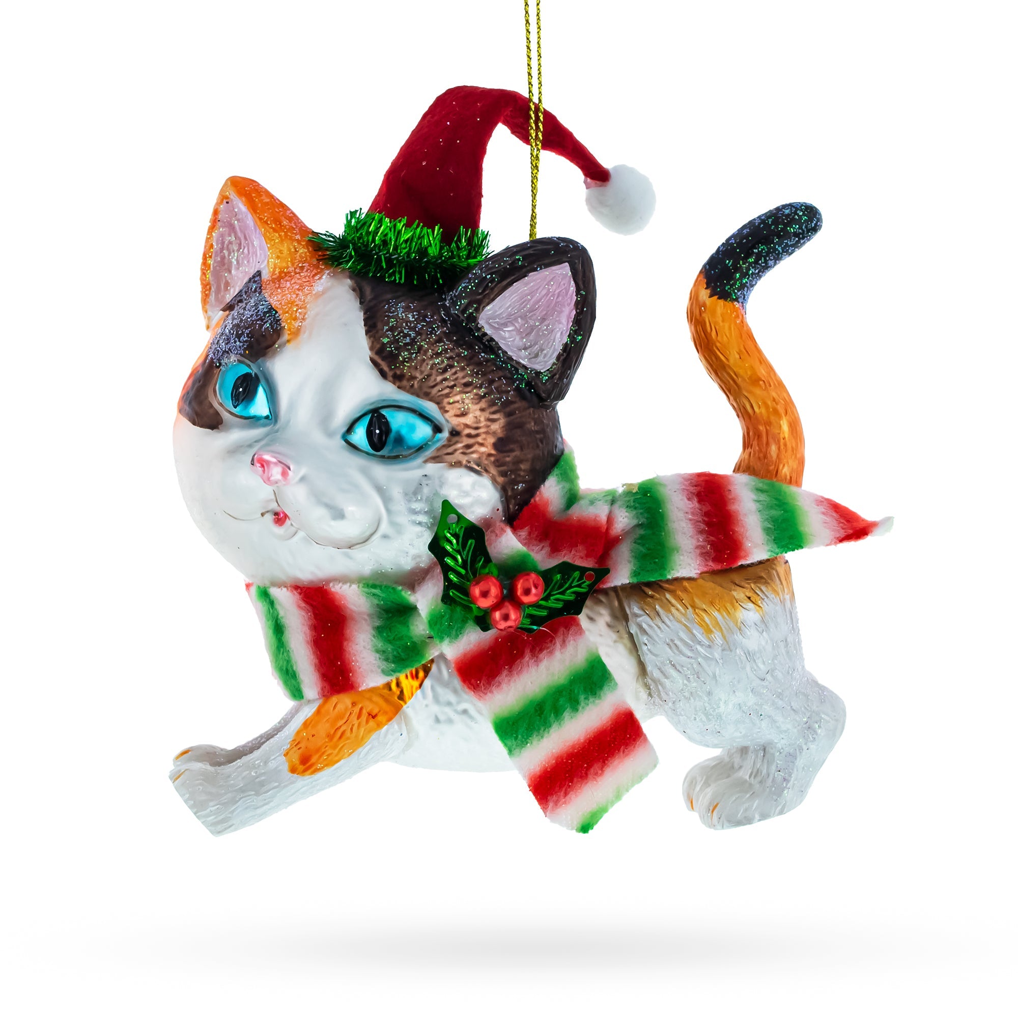 Cozy Cat In Santa Hat And Scarf - Blown Glass Christmas Ornament