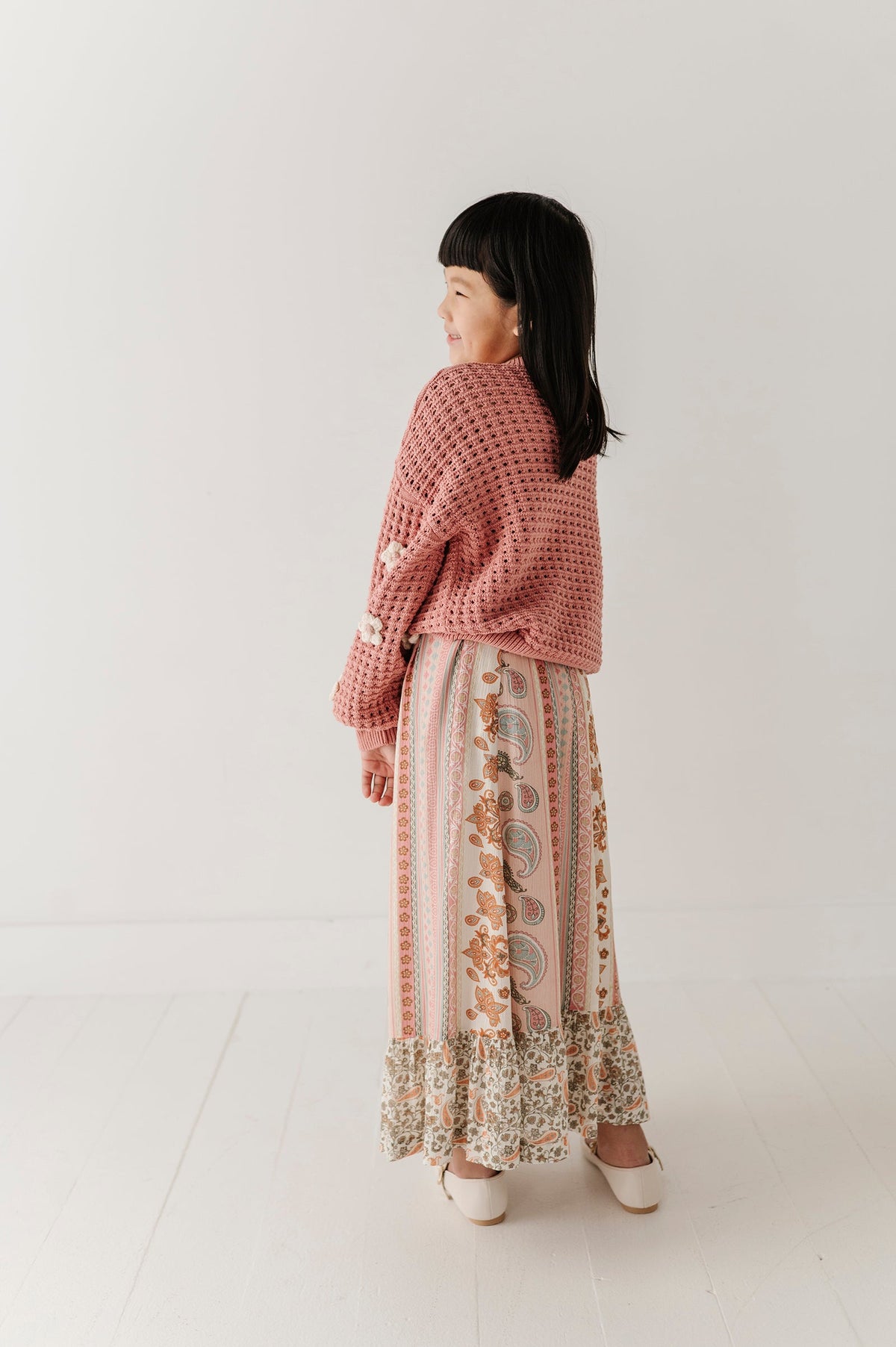 Girls Ruffle Bottom Maxi Skirt In Willow Paisley