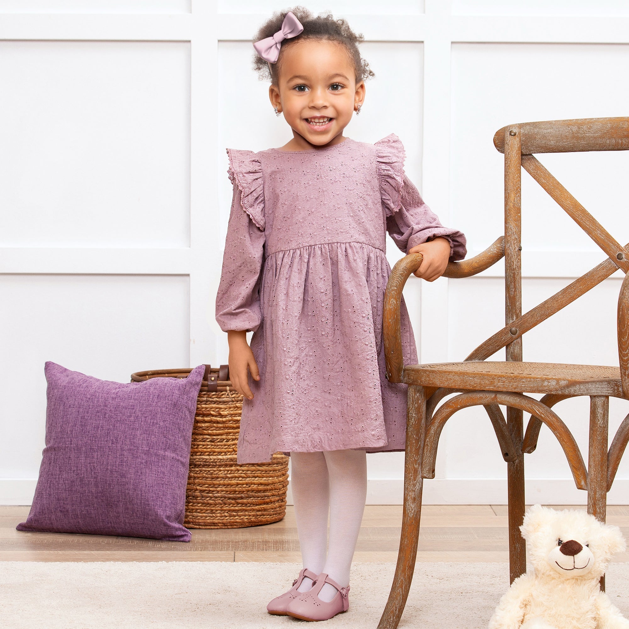 Mauve Eyelet Girls Dress – Embroidered Cotton Ruffle Sleeve