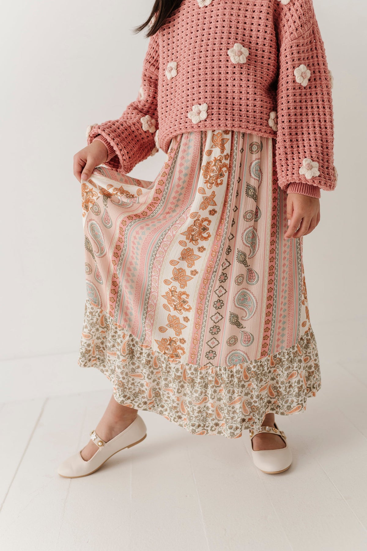 Girls Ruffle Bottom Maxi Skirt In Willow Paisley