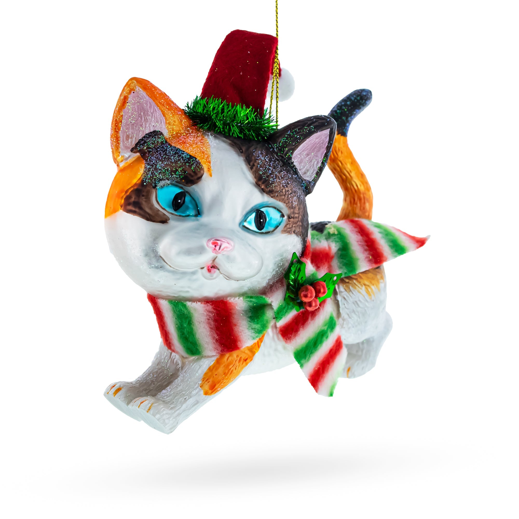 Cozy Cat In Santa Hat And Scarf - Blown Glass Christmas Ornament