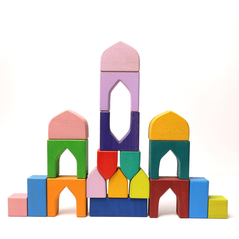 54 Pcs Stained Arabian 1001 Nights Inspired Wooden Building Blocks Set With Tray