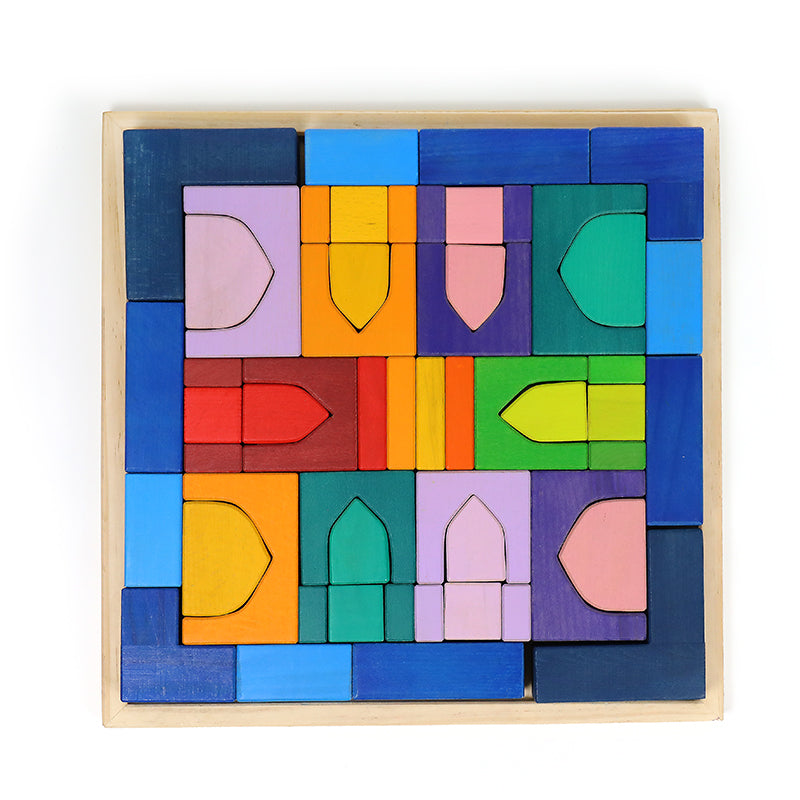 54 Pcs Stained Arabian 1001 Nights Inspired Wooden Building Blocks Set With Tray