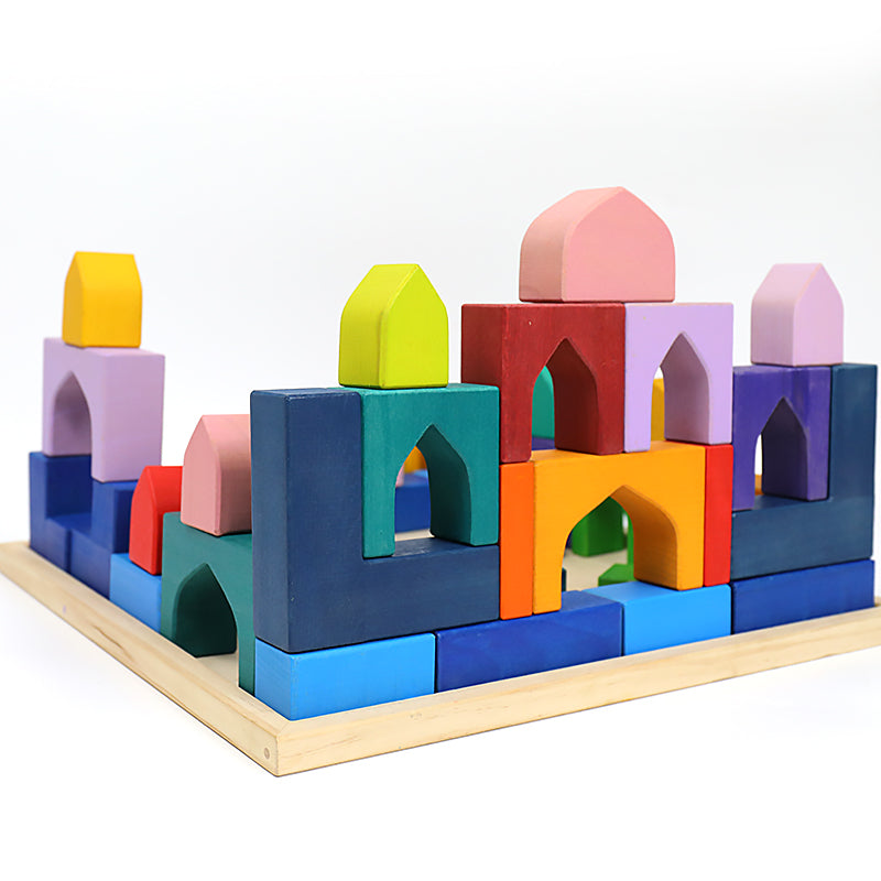 54 Pcs Stained Arabian 1001 Nights Inspired Wooden Building Blocks Set With Tray