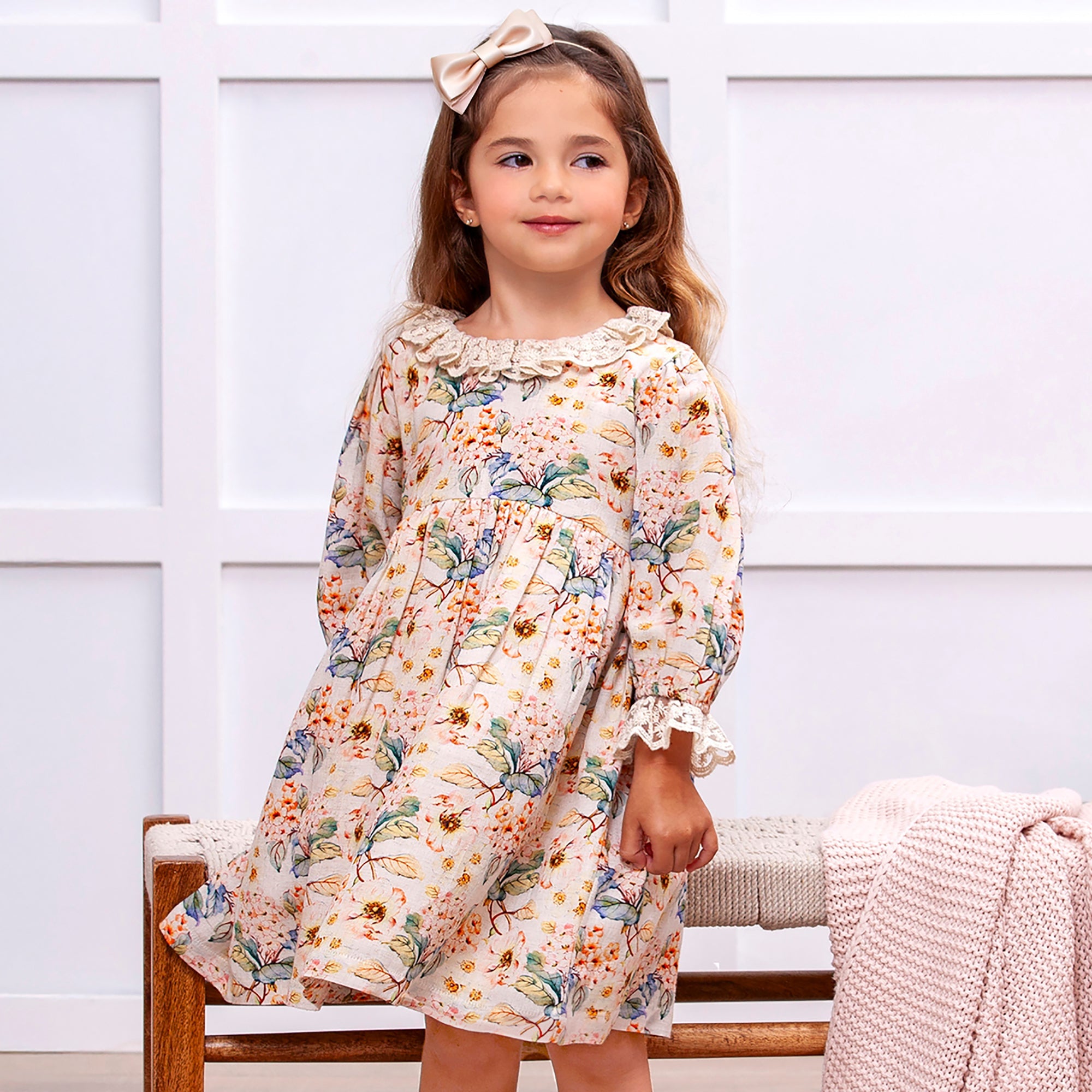 Vivian Girl's Woven Floral Dress With Lace Accents