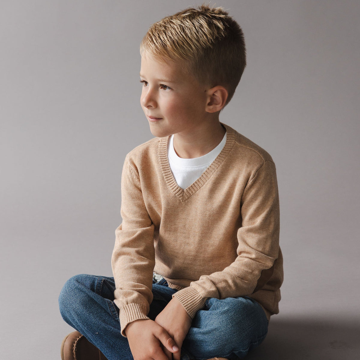 Organic V-neck Sweater With Elbow Patches