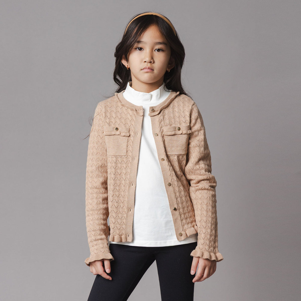 Organic Ruffle Trim Pointelle Cardigan