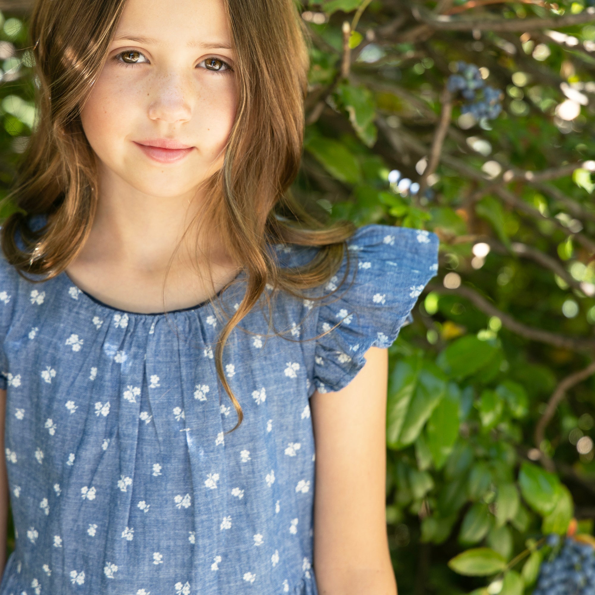 Organic Ruffle Sleeve Chambray Dress
