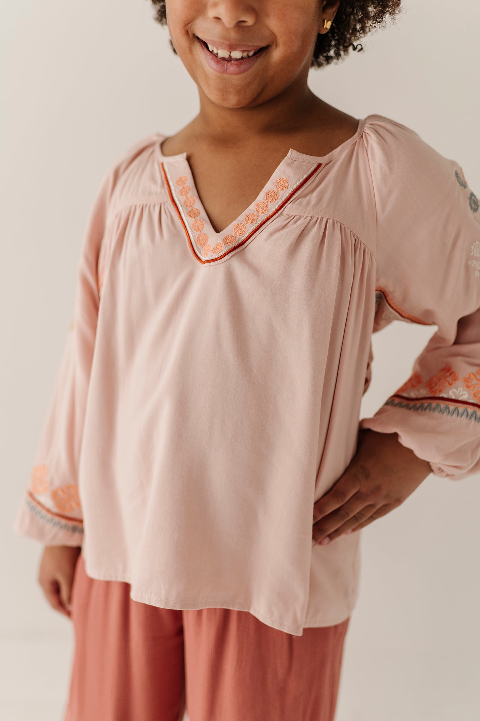 Girls Embroidery Art Peasant Top In Boho Peach Whip