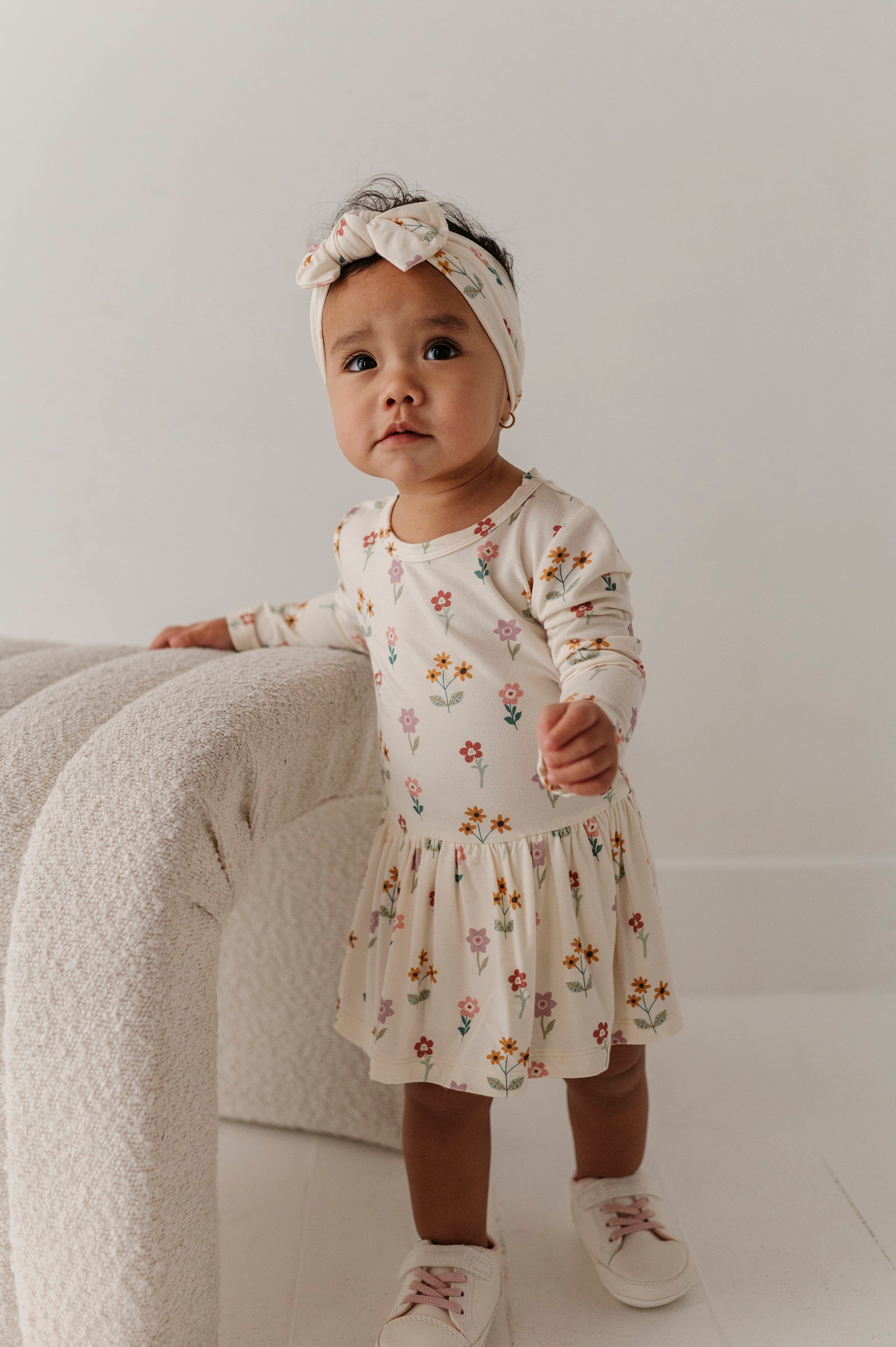 Baby Girl Long Sleeve Bodysuit Dress Set In Meadow Bloom