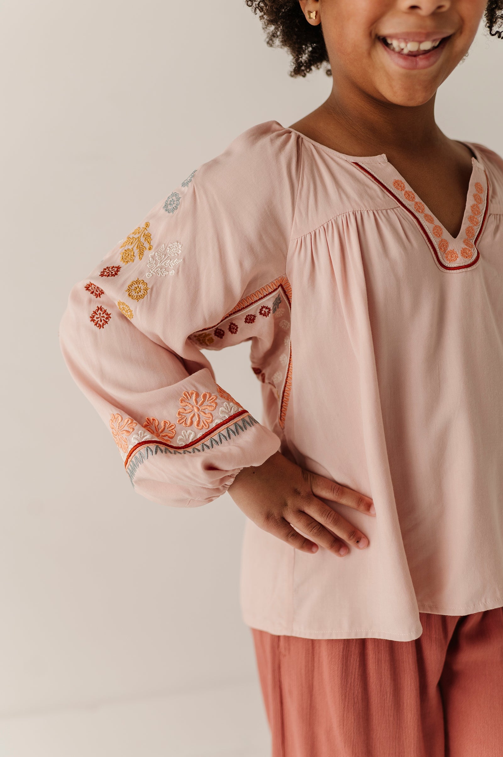 Girls Embroidery Art Peasant Top In Boho Peach Whip