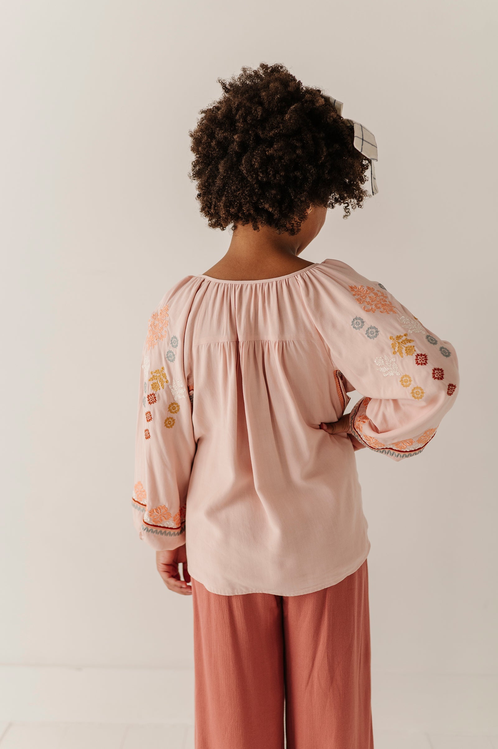 Girls Embroidery Art Peasant Top In Boho Peach Whip