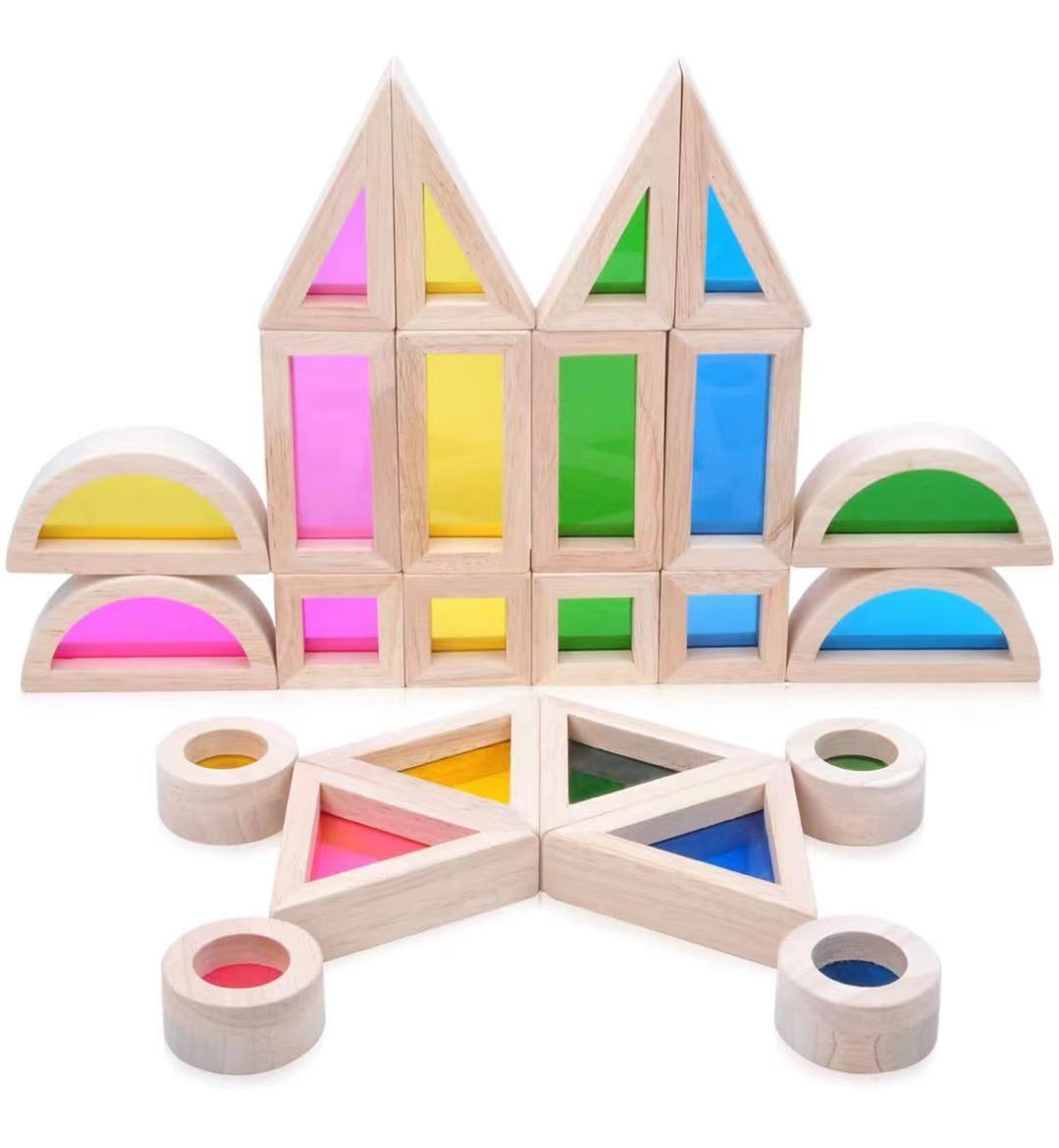 24 Pcs Rainbow Acrylic Sensory Wooden Building Blocks