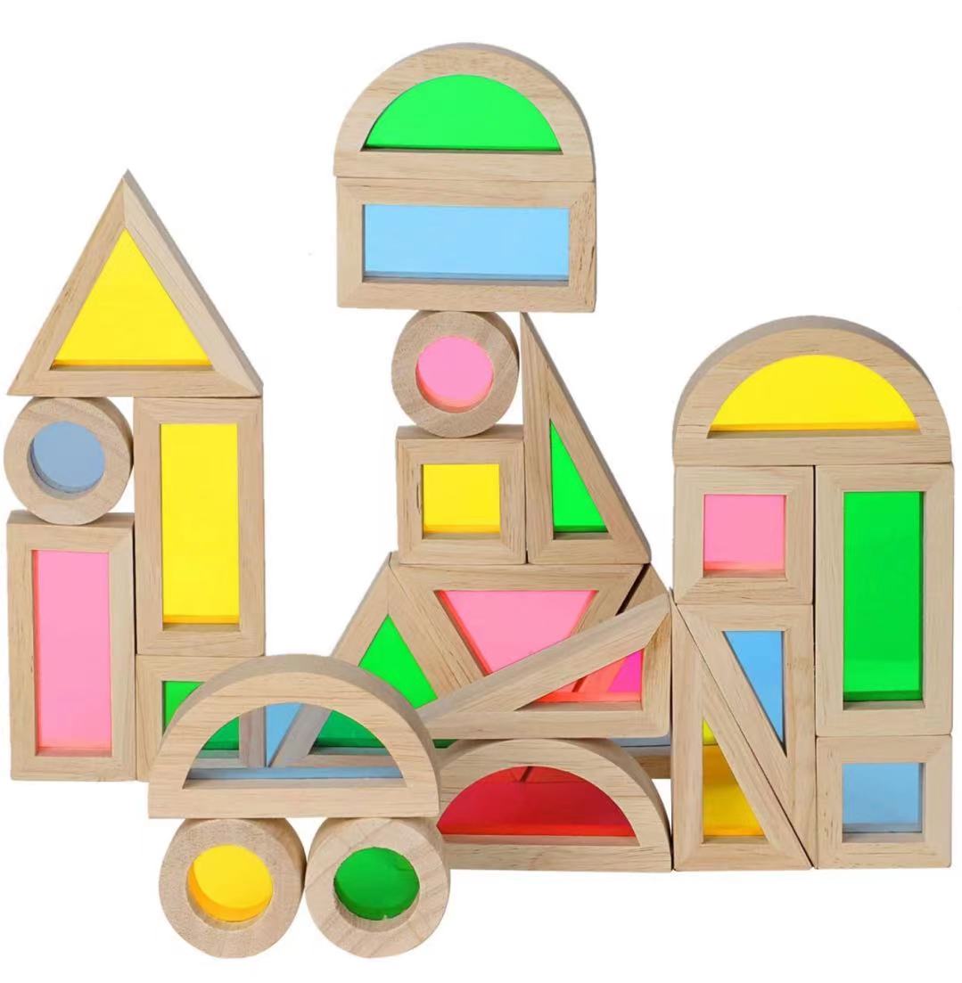 24 Pcs Rainbow Acrylic Sensory Wooden Building Blocks