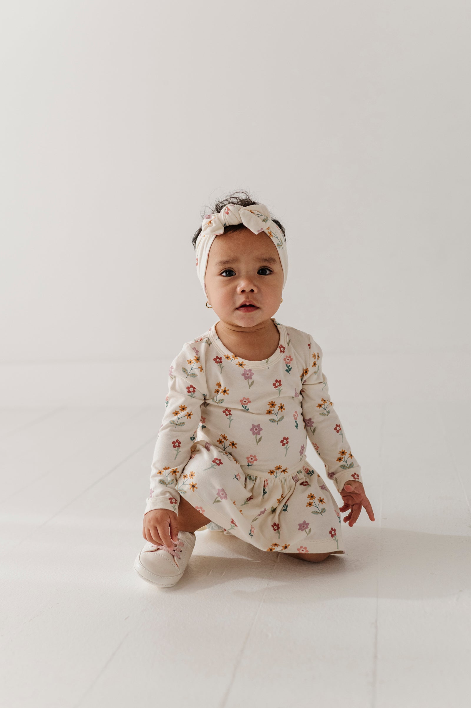 Baby Girl Long Sleeve Bodysuit Dress Set In Meadow Bloom