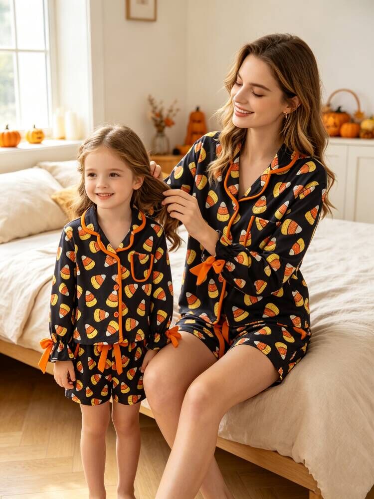 Halloween Candy Corn Mommy And Me Pajama Set Matching Lounge Set