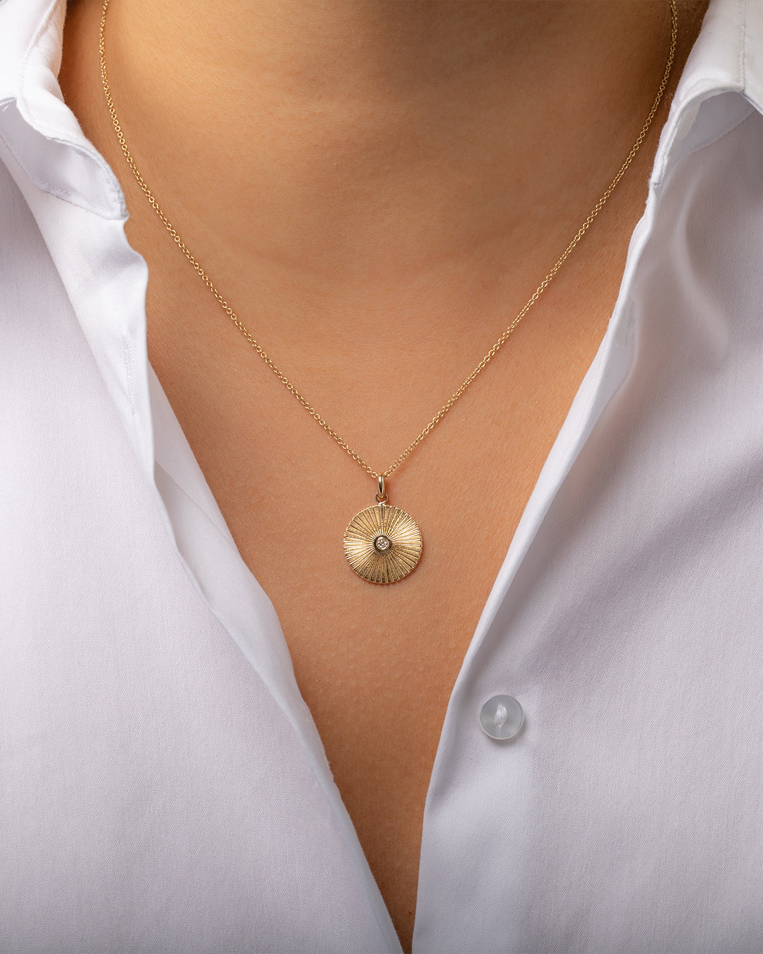 14k Gold Pleated Disc With Diamond Pendant