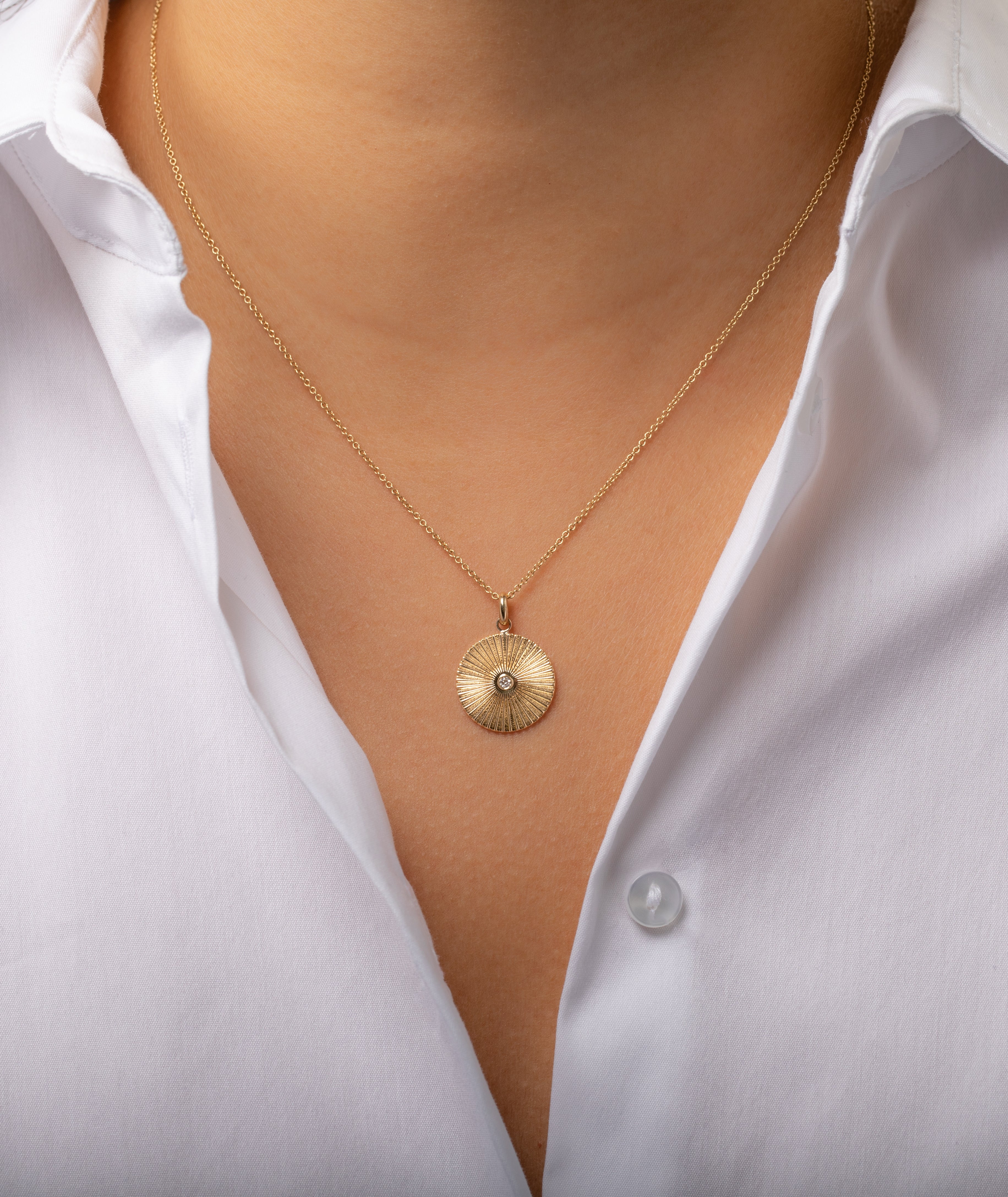 14k Gold Pleated Disc With Diamond Necklace