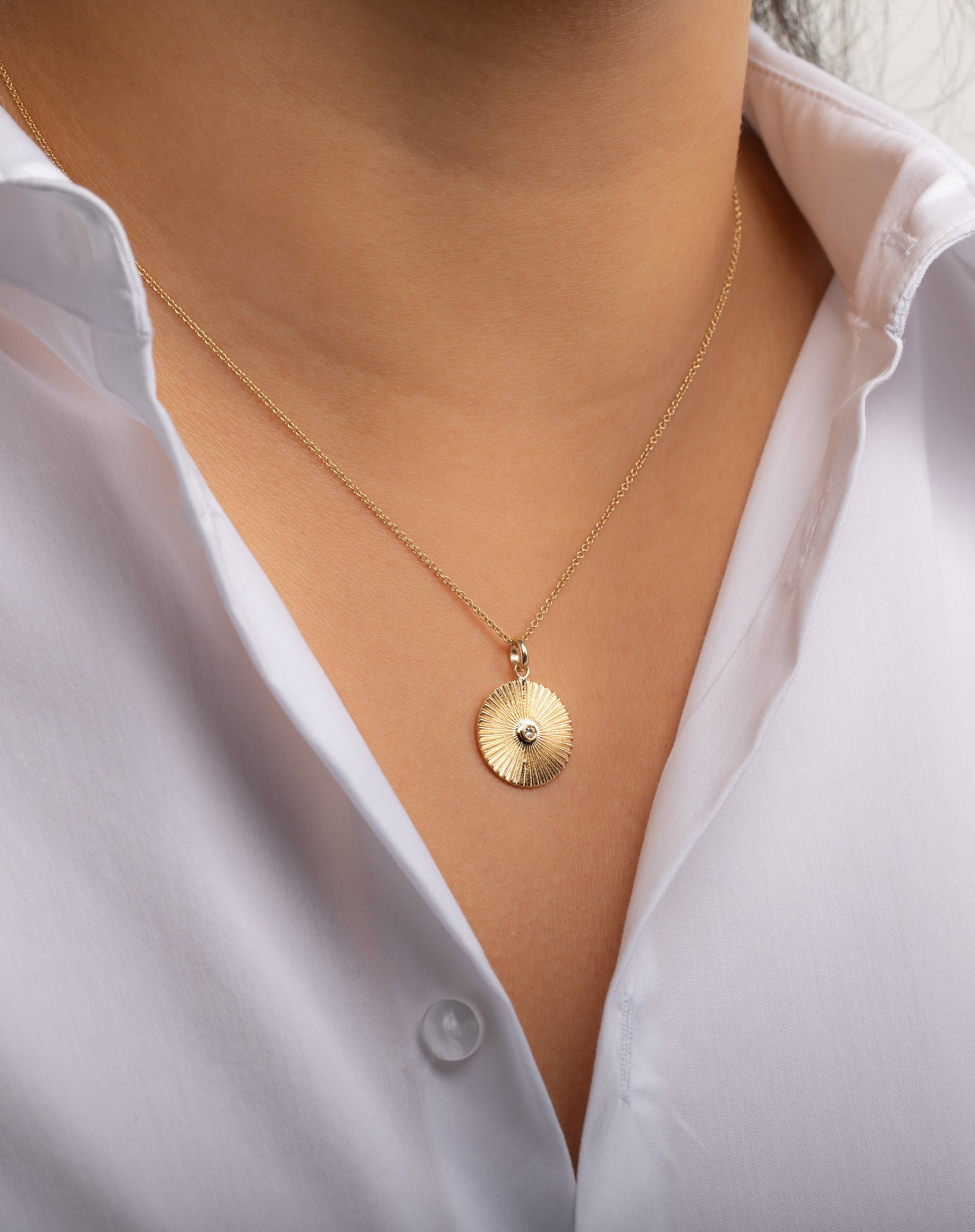 14k Gold Pleated Disc With Diamond Necklace