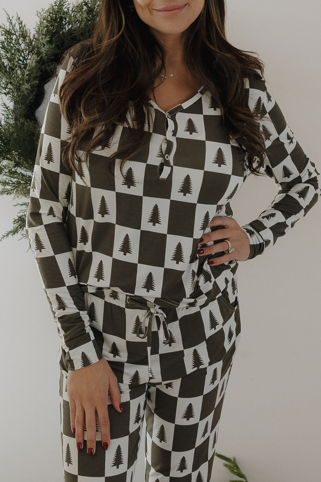 Women's Long Sleeve Bamboo Pajama | Christmas Tree Checkerboard