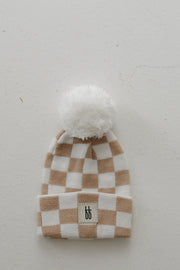Ff Knit Pom Top Beanie | Tan Checkerboard