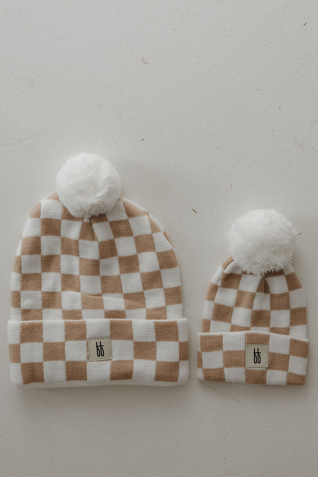 Ff Knit Pom Top Beanie | Tan Checkerboard