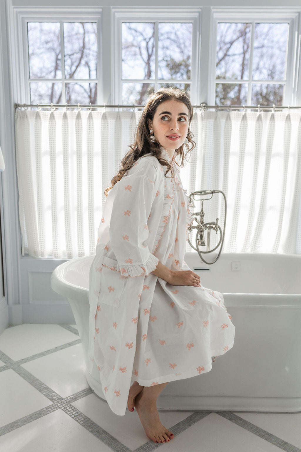 Nancy Cotton Ruffle Embroidered Robe